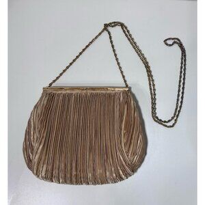 Evening Bag Clutch Purse Champagne Pleated Fabric Gold Chain NOTE